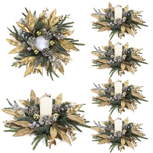 6 Pcs Christmas Candle Rings Wreaths Artificial Pine Wreaths with Christmas Balls Golden Twigs and Silver Berries Candle Ring Holder for Xmas Winter Indoor Centerpiece Table Decorations