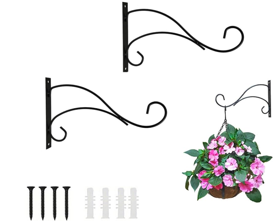 AXXIMENG 2PCS Heavy Duty Hanging Basket Brackets Rust-Proof Wrought Iron Wall Hooks for Outdoor Plant Baskets, Lanterns & Bird Feeders – Includes Screws