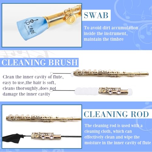 Image of Vesici 40 Pcs Flute Cleaning Kit, Flute Care Accessories Set,Blue | Portable Music Accessory Organization with Cleaning Rod, Swab, Brush, Grease, Case, Thumb Rest Cushion for Flute Maintenance