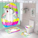 NMPPTM 4 Pcs Easter Shower Curtain Set with Non-Slip Rug, Toilet Lid Cover and Bath Mat,Funny Rabbit