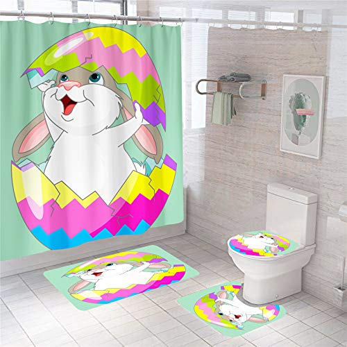 Nmpptm 4 Pcs Easter Shower Curtain Set With Non-Slip Rug, Toilet Lid Cover And Bath Mat,Funny Rabbit Easter And Blue Eggs Shower Curtains With 12 Hooks, Happy Easter Shower Curtain Sets For Bathroom #TOP2
