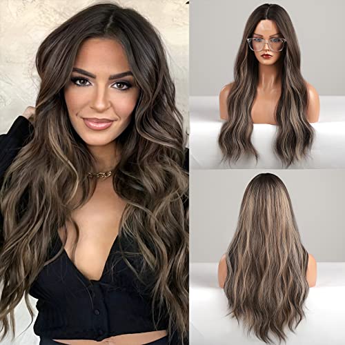 Lange braune gewellte Perücken für Frauen Mittelteil lockig braun Highlight Perücke handgebunden Haaransatz natürliche Damen Perücke synthetische hitzebeständige Faser Perücken für den täglichen Cover
