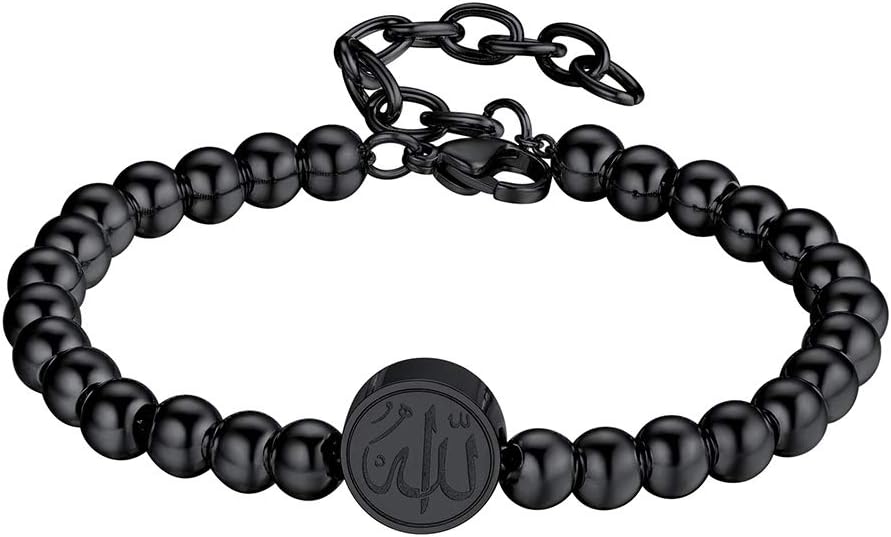Allah Bracelet, Muslim Islamic Jewelry Religious Islam Arabic God Charm Stainless Steel Beads Chain Bracelet, fits wrist from 5.9'' to 7.9'', Come with Box