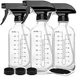 Empty Glass Spray Bottles 16 oz ULG 3 Pieces Boston Round Clear Refillable Container Heavy Duty Trigger Sprayer with Mist and Stream Settings for Essential Oils, Cleaning Products