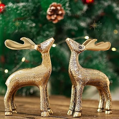 BEHOMA Golden Antique Vastu Metal Deer Figure Statue for Good Luck | Christmas Reindeer Showpiece for Home Decor Table Top as Jewelry Trinket Holder (Jewellery not Included) (Set of 2) Cover