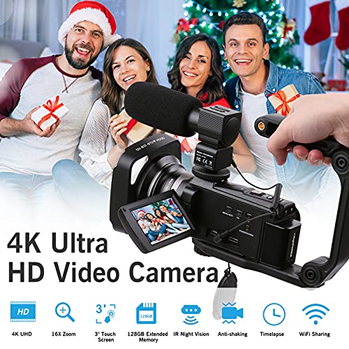 Câmera de vídeo digital 4K 60FPS Ultra HD Filmadora DV 48MP 16X Zoom Tela de toque LCD giratória de