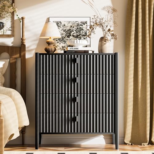 Image of Furniway Black 4 Drawer Dresser, 31.5 inch Wide Modern Chest of Drawers with Fluted Front and Metal Handles, Storage Dresser for Bedroom, Living Room, or Entryway