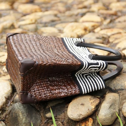 Bolsa de playa de paja para mujer con asa redonda de madera miniatura 5