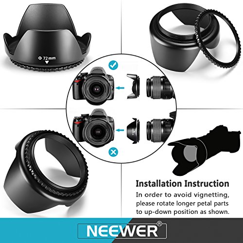 Neewer 72Mm Nd2 Nd4 Nd8 Uv Cpl Fld Filter And Lens Accessories Kit With Snap On Lens Cap, Tulip Shaped Lens Hood, Collapsible Rubber Lens Hood, Filter Pouch, Safety Tether And Cleaning Cloth #TOP3