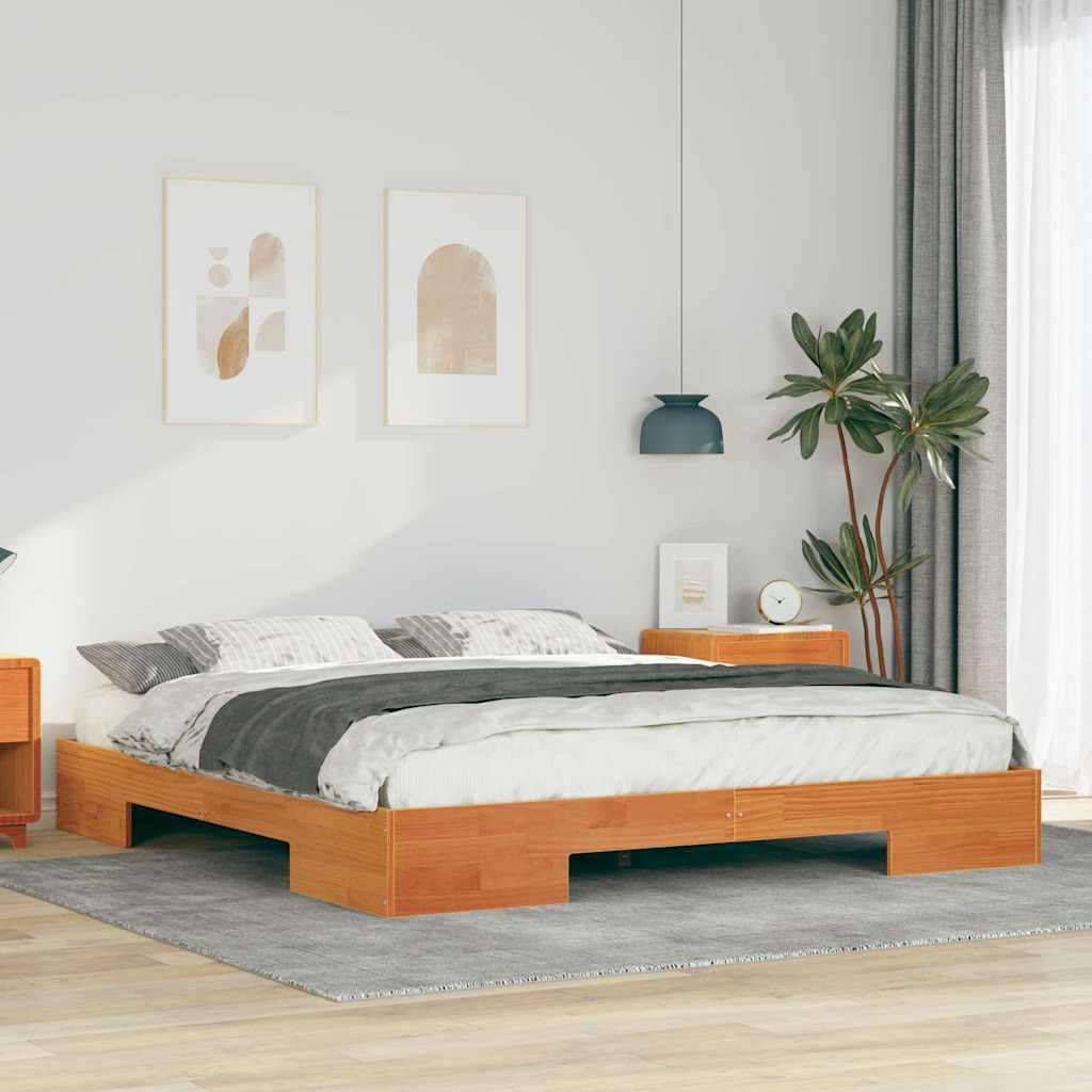 Estructura de Cama Marrón de Madera Maciza de Pino, Base de Suelo con Diseño Rectangular y Textura Suave para Dormitorio, Construcción Fuerte y Estable, Fácil Ensamblaje,