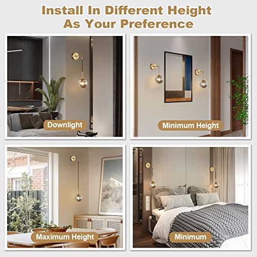 Image of KCO Lighting Modern Glass Globe Wall Sconce Minimalist Gold Wall Mounted Sconce Light with Smoke Grey Lampshade Round Wall Lamp for Bathroom Mirror Bedroom (Smoke Grey-2PC)
