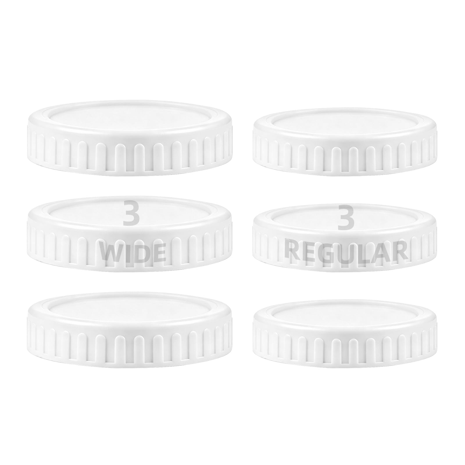 6 Pack Plastic Mason Jar Lids with Silicone Rings, 3 Wide Mouth (86mm) & 3 Regular Mouth (70mm), Reusable Canning Lids for Ball, Kerr & More (White)