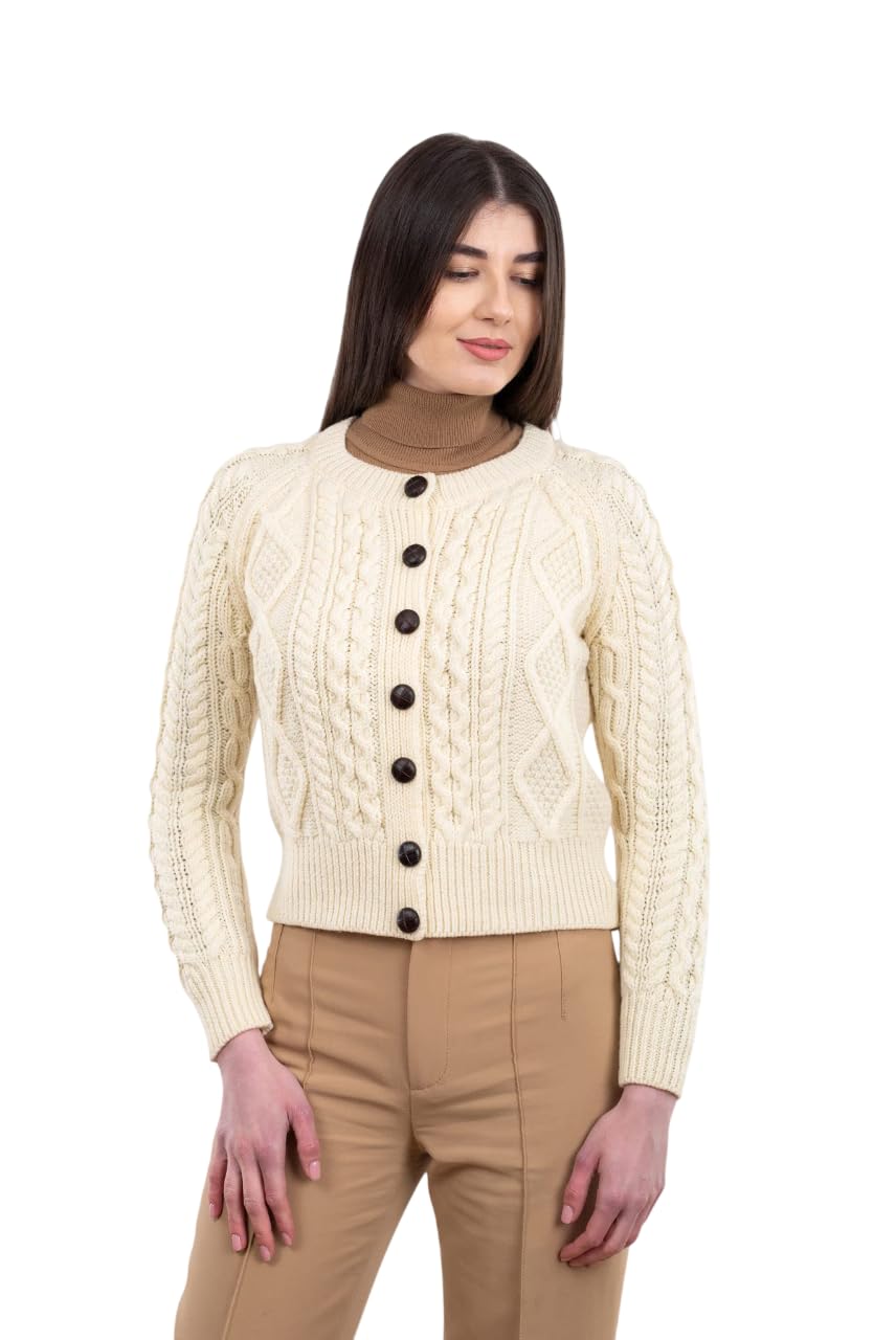 SAOL Irish Ladies Wool Cardigan Sweater Cable Knit Made in Ireland