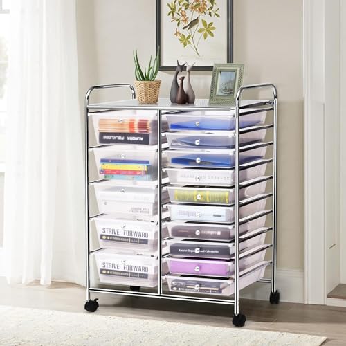 Image of LDAILY 15 Drawer Rolling Storage Cart, Rolling Cart with Drawers for Classroom, Art Supply Craft Organizer on Wheel with Metal Frame & Handles for Home Office School
