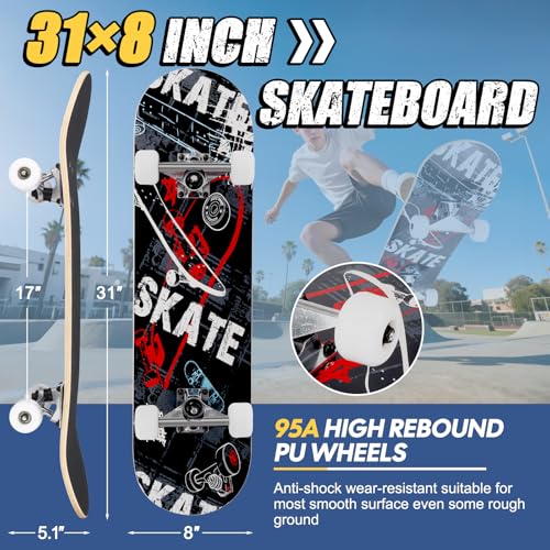 Image of Skateboards for Beginners Adults Youths Teens Kids Girls Boys 31 Inch Pro Complete Skate Boards 7 Layer Canadian Maple Double Kick Concave Longboards