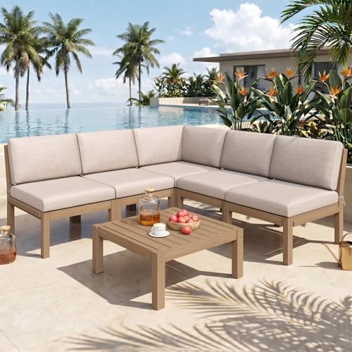 Image of Modular Outdoor Patio Conversation Set, 6-Piece L-Shaped Sectional Sofa Set with Coffee Tables & Thick Cushions, Easy Side Interlock, HIPS All-Weather Patio Furniture Set for Backyard, Deck, Poolside