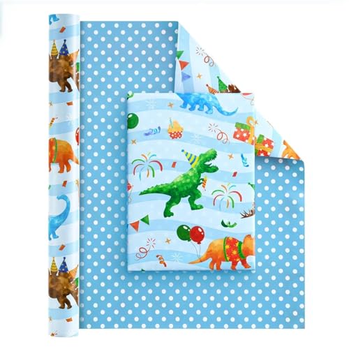 WERNNSAI Dinosaurier Geschenkpapier – 1 Rolle Dino Geschenkpapier Geburtstag junge Kinder Rex Schulanfang Geschenk Verpackung Geburtstagsparty Dino Blaue Dekoration mit Punktmuster 43cm x 10m