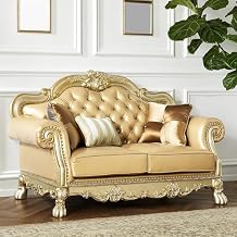 Acme Dresden Loveseat w/3 Pillows in Bone Synthetic Leather & Gold Patina