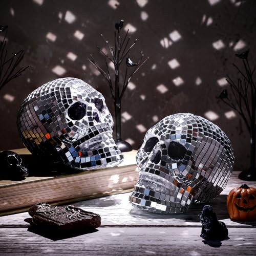 WinnerWhy 2 Pcs 3D Disco Halloween Decor Disco Halloween Skull Skeleton Head Status Mirror Ball Skull Tiered Tray Decor Home Table Centerpiece for Graveyard Indoor Outdoor Holiday
