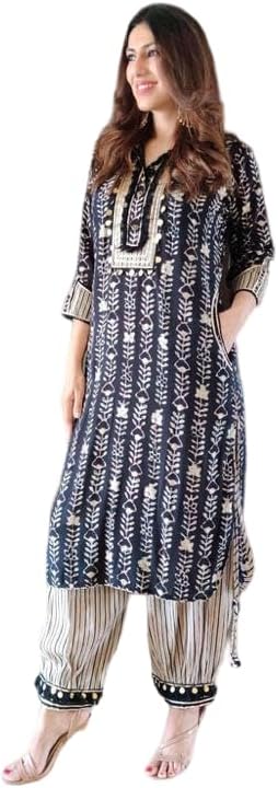 Afghani Style Indian Straight Kurti Pant for Women, Designer Salwar Kameez Set, Readymade Festive Party/Ethnic Wear Suit,Ethnic,Handmade,Vintage (Size-42), Blue, 42