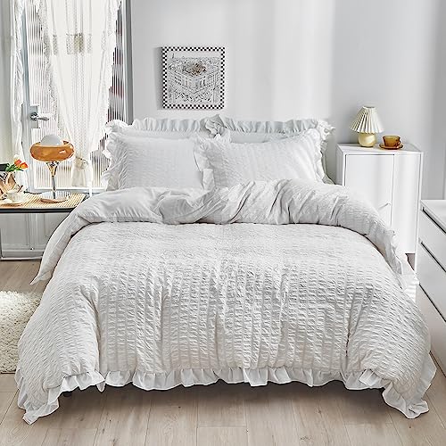 DXHOME Juego de ropa de cama de seersucker blanco 155 x 220 cm con funda nórdica lisa y volantes para adolescentes y niñas, ropa de cama de verano elegante de microfibra con cremallera y 2 fundas de