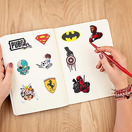 CLICKEDIN Vinyl Self Adhesive Waterproof Superhero & Assorted Stickers for Laptop, Cars, Motorcycle, PS4, Guitar Bicycle, Skateboard, Luggage, Scrapbook etc. (Pack of 50 Stickers)
