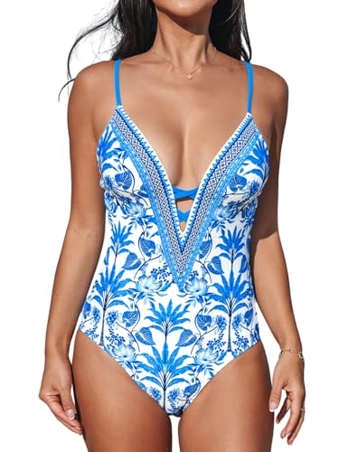 CUPSHE Women's One Piece Swimsuit Plunging V Neck Bathing Suit Cutout Crisscross Back Adjustable Straps Spaghetti