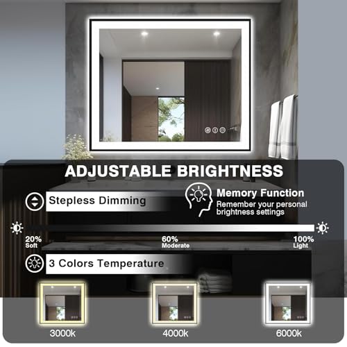 40x32 LED Bathroom Mirrors for Wall -Black Aluminum Framed (Front and Backlit), Anti-Fog Vanity Mirror With Lights,Stepless Dimmable Lighted Mirror,3 Colors Smart Mirror(Horizontal/Vertical)
