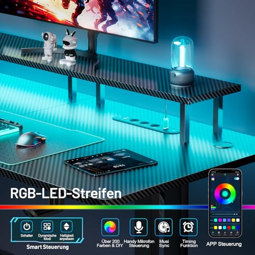 Gaming Tisch mit LED, 120x60 cm Gaming Schreibtisch mit 3 Steckdosen und 2 USB Anschlüssen, PC Gamer Tisch mit Monitorständer, Stabiler Computertisch für Gaming und Büro, Schwarz – Bild 5