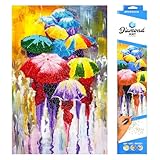 DIAMOND ART BY LEISURE ARTS Rainy Day Painting Kit – Advanced Abstract Umbrella Design with Round Gems – DIY Craft for Adults on Diamond Dotz Canvas, 14