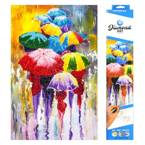 DIAMOND ART BY LEISURE ARTS Rainy Day Painting Kit – Advanced Abstract Umbrella Design with Round Gems – DIY Craft for Adults on Diamond Dotz Canvas, 14