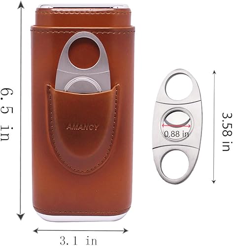 Miniatura 3 de AMANCY - Estuche para 3 cigarros, piel marrón, humidificador forrado en madera de cedro con cortador de acero inoxidable plateado