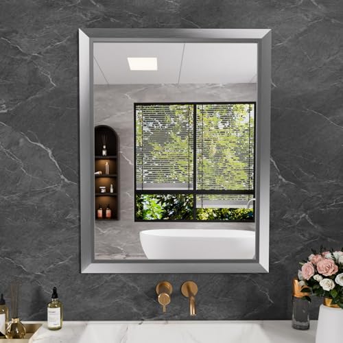 Amorho Bathroom Mirror for Wall 28x36 Inch, Brushed Silver Metal Framed