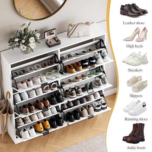 Image of HUANLEGO Shoe Cabinet Storage for Entryway with 6 Flip Drawers, White Fluted Shoe Cabinet with Adjustable Shelves, Wooden Hidden Shoe Rack Freestanding Narrow Slim Shoes Storage for Hallway, Entrance