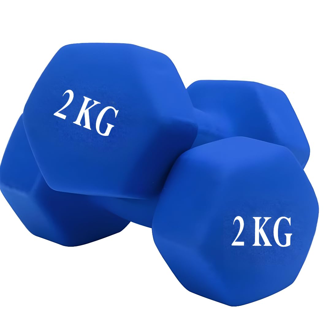 NTEK Neoprene Dumbbells Pair – Hex Hand Weights Set for Women & Men – Anti-Slip, Sweat-Resistant Dumbbell Set for Home Gym, Fitness, Pilates, Arm Workouts & Strength Training (BLUE, 2 KG (1PAIR))