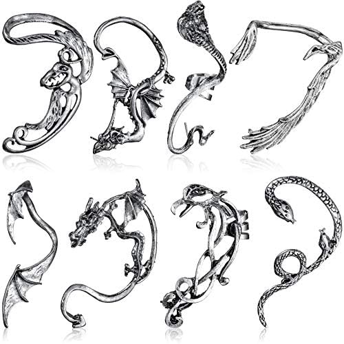 8 Pcs Halloween Punk Earrings Dragon Ear Cuff Vintage Retro Snake Bat Crow Ear Climber Earrings Gothic Ear Clip Wrap for Women Men Party Dress (Silver)