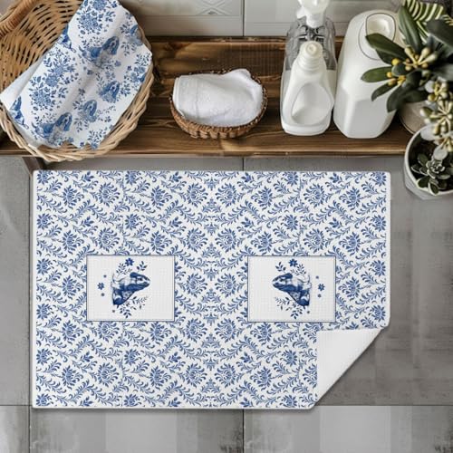 Image of Chinoiserie Basset Hound Kitchen Towels 16x24 Inch Set of 2,Blue and White Floral Dog Dish Towel, Vintage Toile Cavalier Hand Towel for Farmhouse Bathroom Kitchen Decor