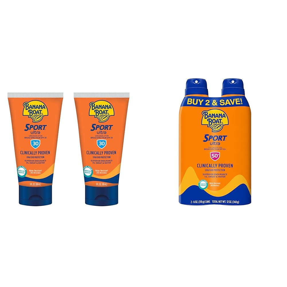 Banana Boat Sport Ultra Sunscreen Lotion SPF 30 Travel Size 3oz Twin Pack and Sport Ultra SPF 50