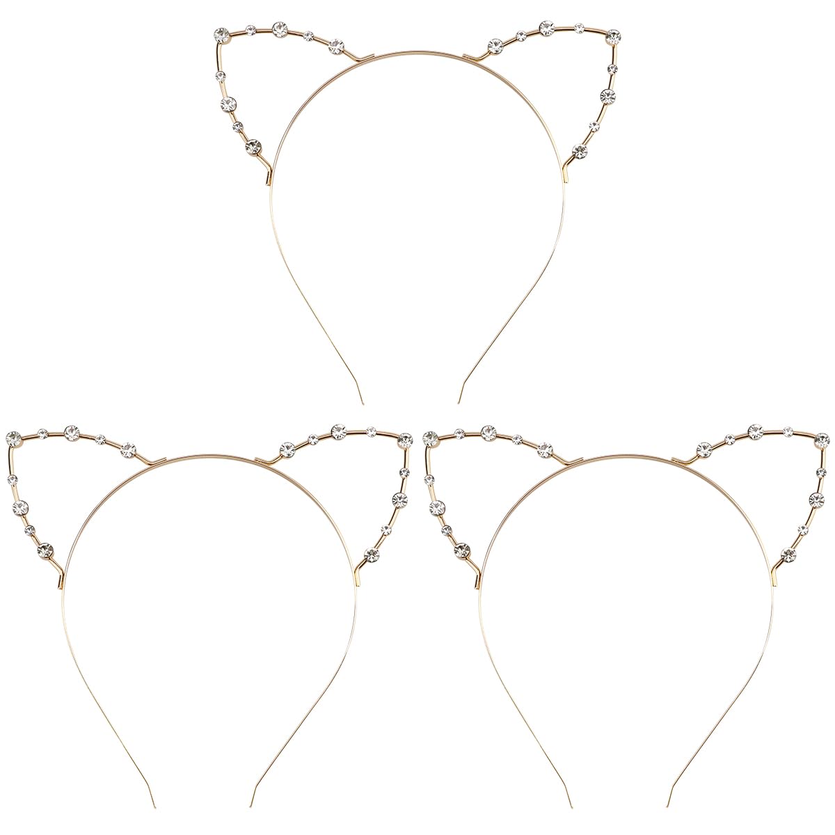 LNQ LUNIQI Women's Cat Ears Headband Gold, Pack of 3 Girls Cat Hair Accessories with Rhinestones for Cosplay Party Costume Party