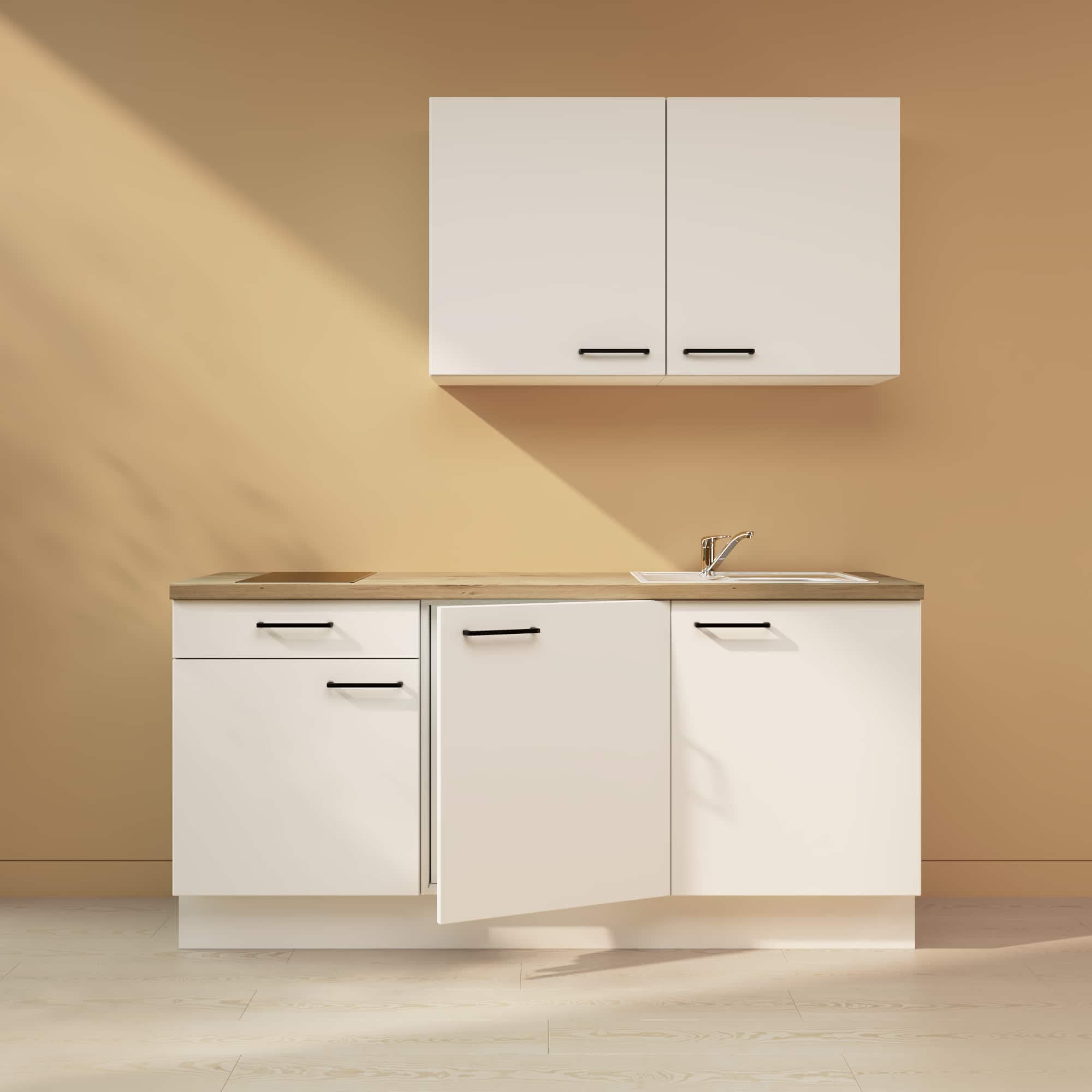 WALLERS cuisine complète 180 cm : Meubles 19mm + Plan de travail 3,8cm + Frigo intégré table top + Plaque de cuisson 2 foyers + Mitigeur (180 cm évier à droite, Plan de travail couleur chêne)