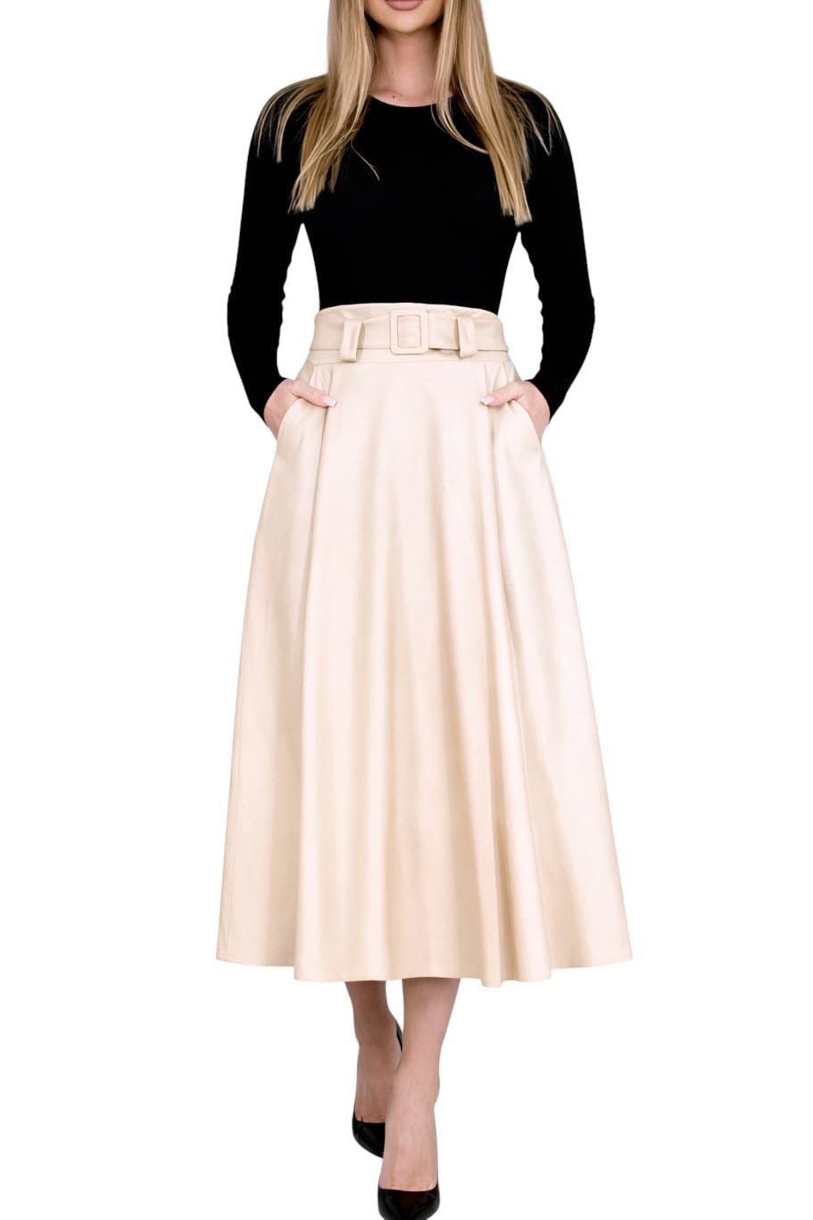 Mississhop Donna A-line Gonna con cintura - ecopelle