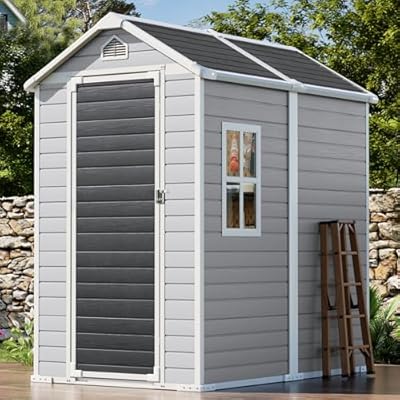 SELLERWE 6x4 FT Outdoor Storage Shed, Waterproof Thicker Resin Shed with Floor & Lockable Door & Window & Vents, Plastic Tool Shed for Backyard,Garden,Patio,Poolside,All Weather Use, Dove Grey