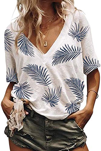 Cassiecy Damen T Shirt Sommer Kurzarm V-Ausschnitt Feder Druck Muster Lose Basic Oberteile Casual Tops Shirts(wh,m)