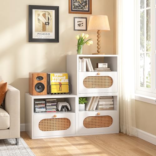 FurniNova Rattan Console Table,Entryway Table,TV Stand, Boho Wooden Storage Organizer Entrance Console Sofa Table,Nightstands for Living Room, Study Room, Entryway,White