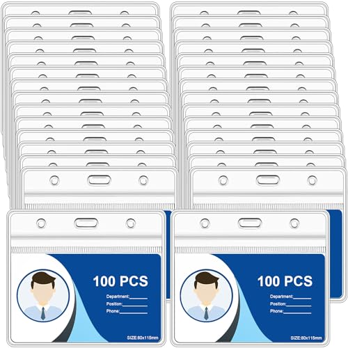 Image of 100pcs Plastic Card Holder for Lanyard, Horizontal Clear ID Card Holders, Waterproof Name Tag ID Badge Holders for Multiple Cards