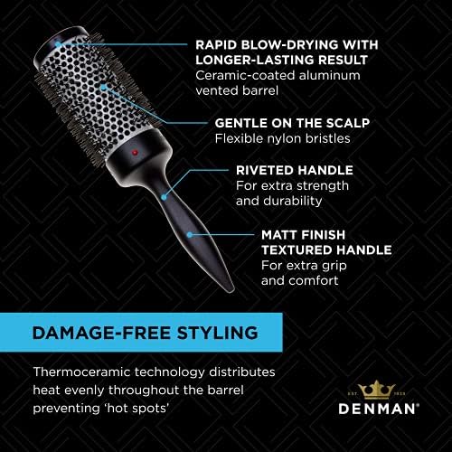 Denman (D76) Thermoceramic Vented Barrel Round Hair Brush with Nylon Bristles for Fast Drying, Volume and Creating Movement in the Hair, Black and White, (D076EBKS)