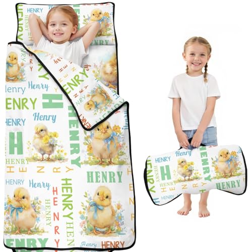 Custom Name Toddler Nap Mat – All-in-One Sleeping Mat with Pillow & Blanket for Daycare or Preschool, Personalized Roll-Up Sleep Bag for Kids with Duck Pattern Print Fabric