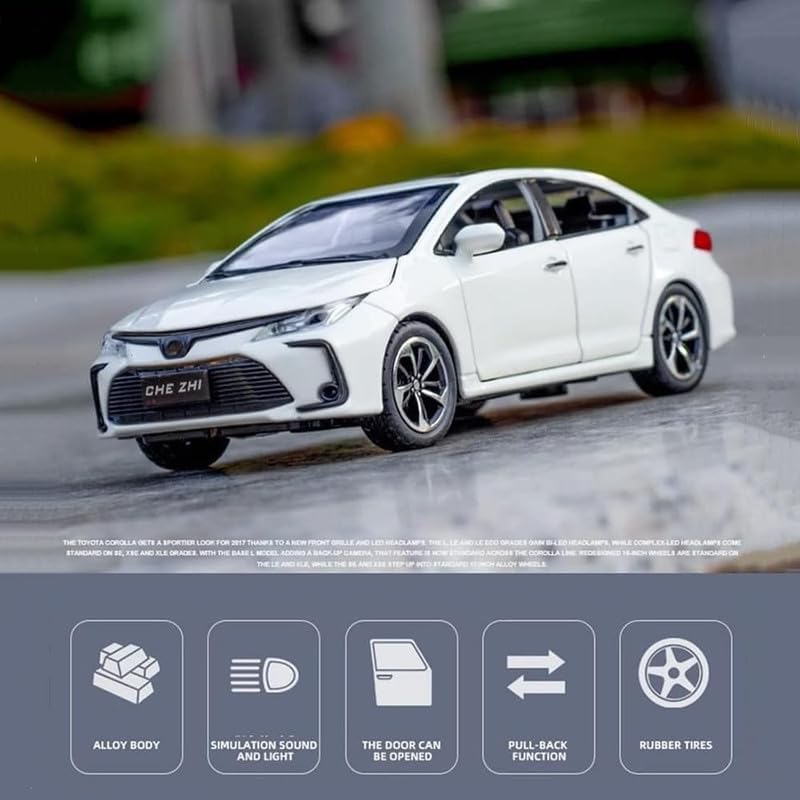 Image of Kids Model 1:32 Corolla Die Cast Metal Car Pull Back Action Opening Doors with Realistic Engine Sound Lights Toy Car Gift for Boys - White