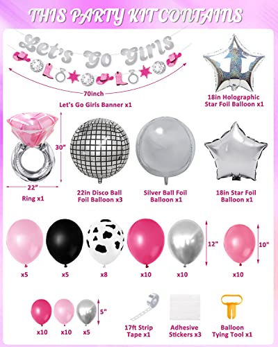 Disco Cowgirl Balloons Garland Kit Let's Go Girl Bachelorette Banner Star Diamond Foil Hot Pink Silver Cow Print Balloons For 70S Theme Retro Bachelorette Party Decorations Photo Props 81Pcs #TOP1