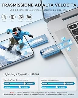 Chiavetta USB 256GB per iPhone, certificata MFi, con Lightning, Type A, Type-C e micro USB, compatibile con iPhone, iPad, Android e PC, USB 3.0 veloce, espansione di foto, documenti e video,Blu